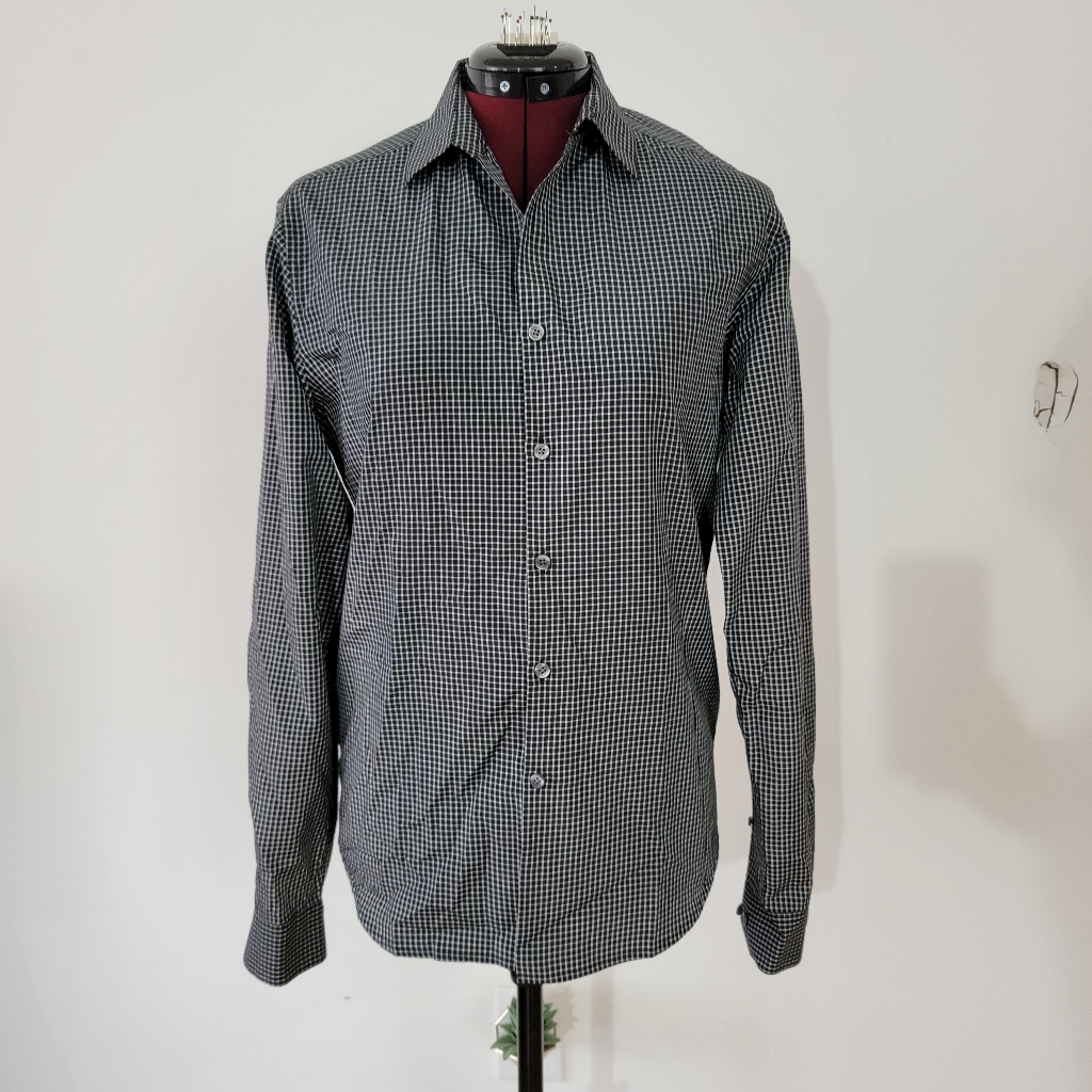 Theory Black And White Plaid Long Sleeve Button Down Men's Shirt, Size S